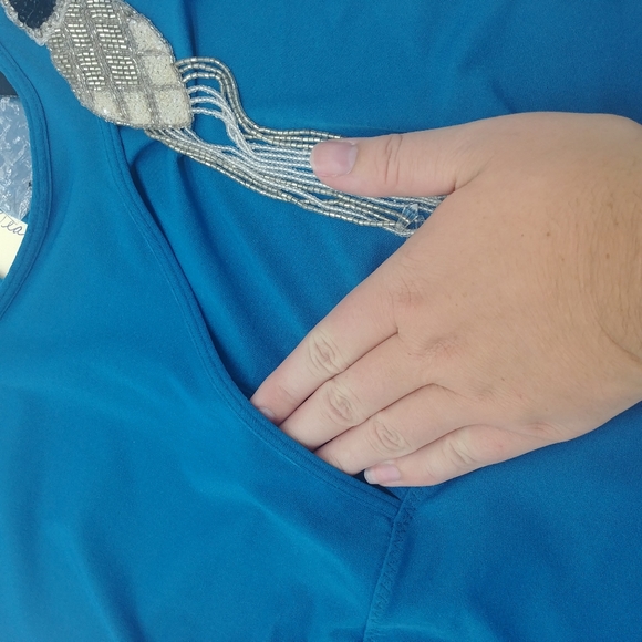 NEW Moda International VS ☆ 90s Y2K Blue Silk Beaded Stretch Tank Blouse Medium - Picture 3 of 16